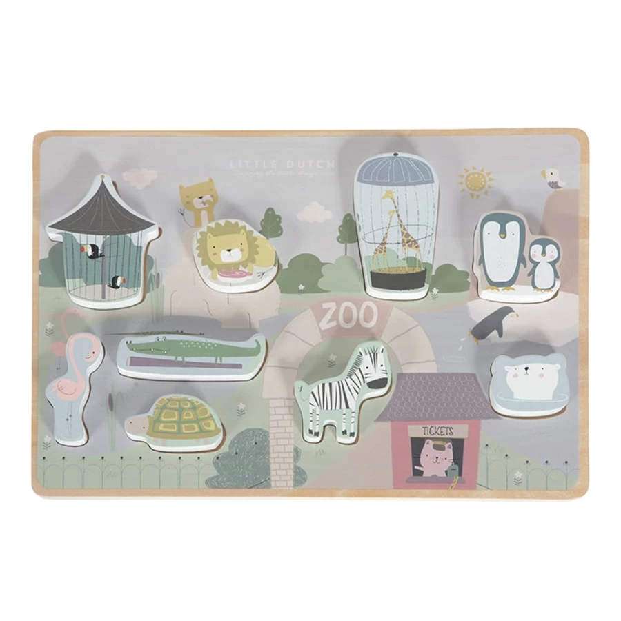 Little Dutch Wooden Shape Puzzle - Zoo Animals Educational Toy for Toddlers