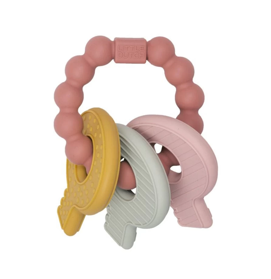 Little Dutch Pink Silicone Teething Keychain for Babies - BPA-Free Chewable Toy