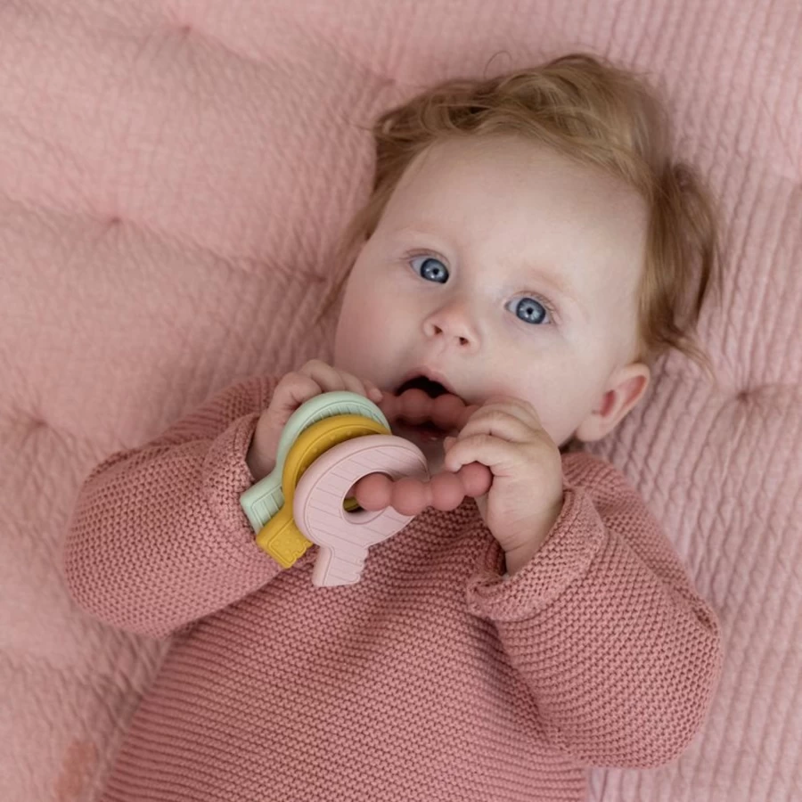 Little Dutch Pink Silicone Teething Keychain for Babies - BPA-Free Chewable Toy