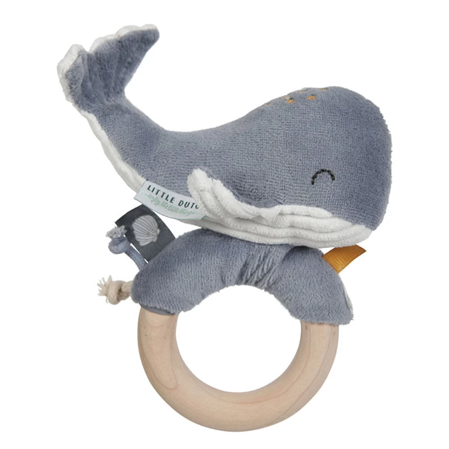 Little Dutch Whale Wooden Rattle Teether Ring - Eco-Friendly Baby Toy for Sensory Play
