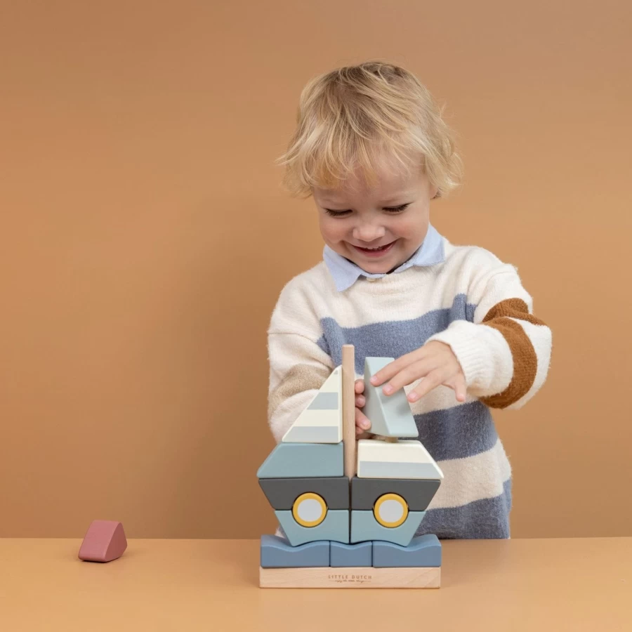 Little Dutch Stacker Sailboat Toy - Wooden Stacking Boat for Kids, Colorful Early Learning Play