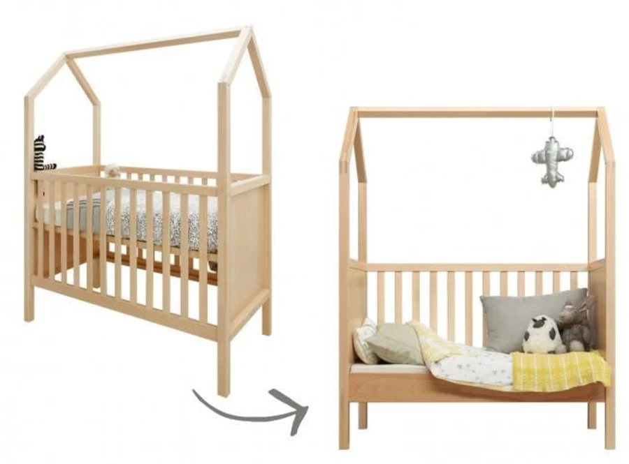 Bopita My First House Cot Bed 120x60cm - Convertible Baby Toddler Bed with Safety Rails