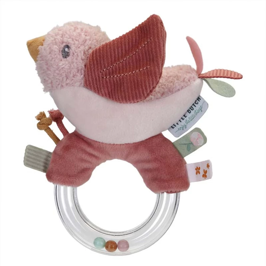 Little Dutch Flowers & Butterflies Baby Rattle Ring - Pastel Wooden Teether Toy for Infants