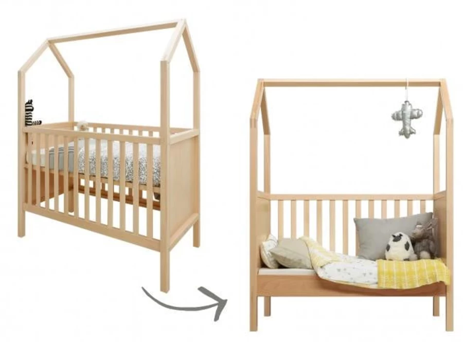 Bopita My First House Cot Bed 120x60 cm - Convertible Baby Toddler Bed with Safety Rails