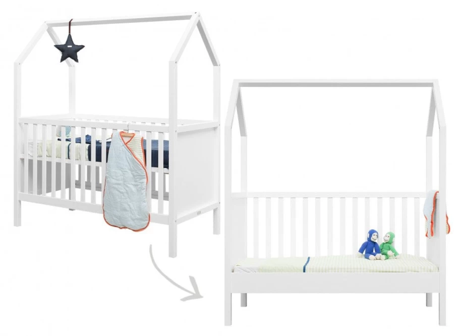 Bopita My First House Cot Bed 120x60 cm - Convertible Baby Toddler Bed with Safety Rails