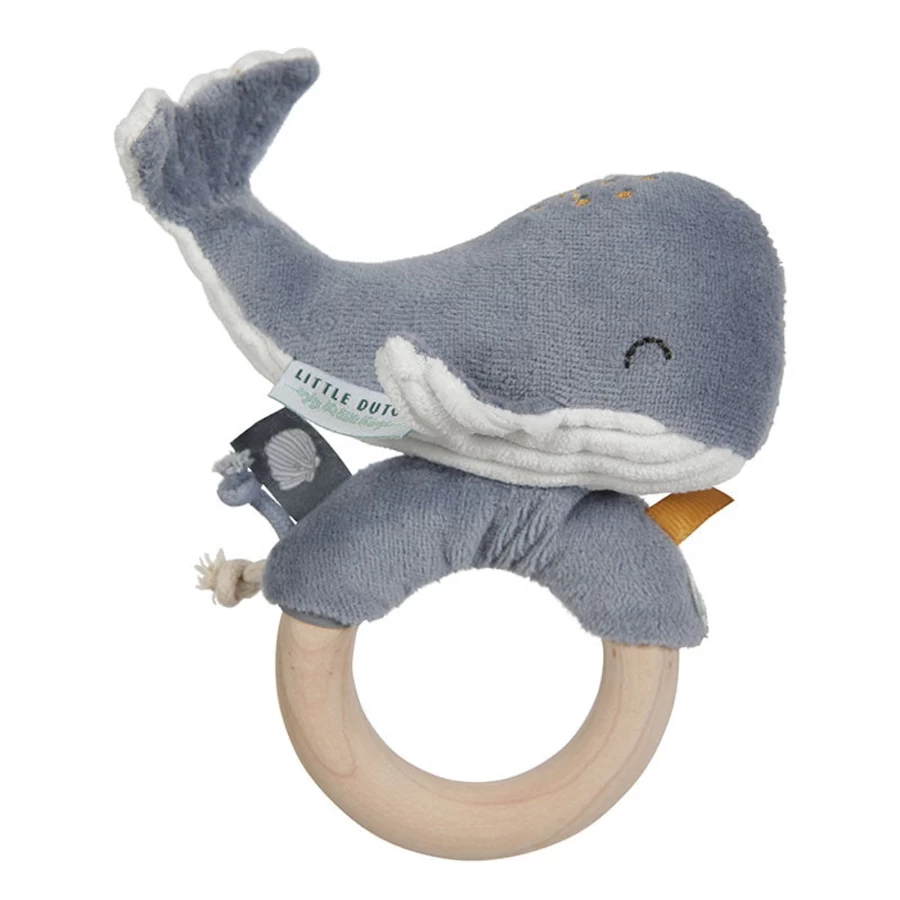 Little Dutch Whale Wooden Rattle Teether Ring - Eco-Friendly Baby Toy for Sensory Play