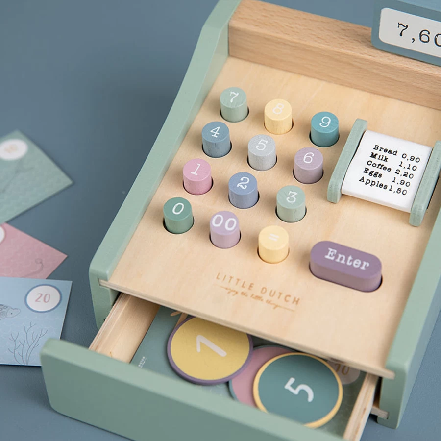 Little Dutch Wooden Toy Cash Register - Pretend Play for Kids, Educational Counting Game, Durable & Safe Play Money Set