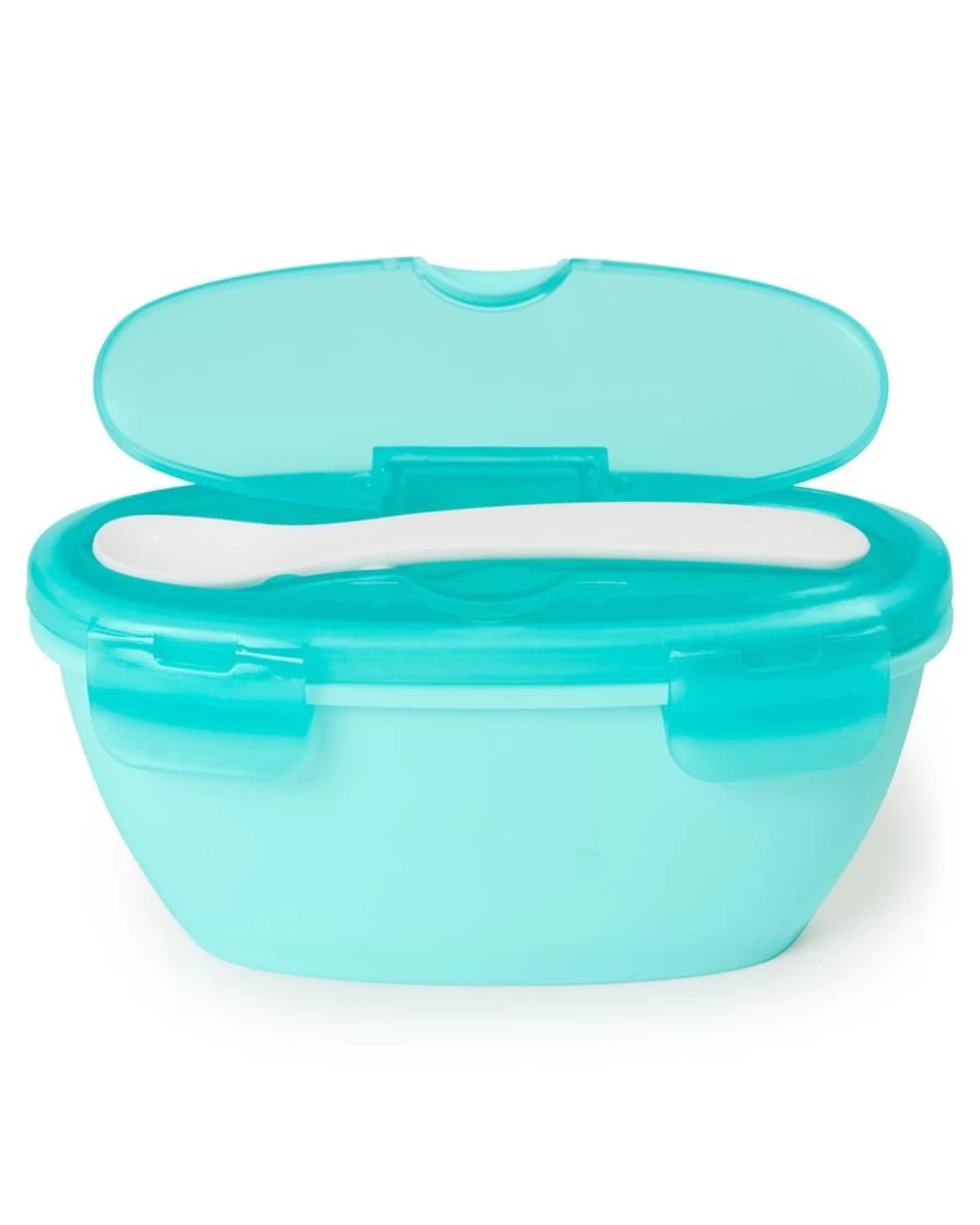 Skip Hop Easy Serve Travel Bowl & Spoon - Soft Teal, Portable Baby Feeding Set for On-The-Go