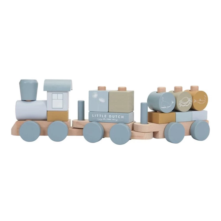 Little Dutch Ocean Blue Stacking Train Toy - FSC Certified Wooden Educational Play Set for Toddlers