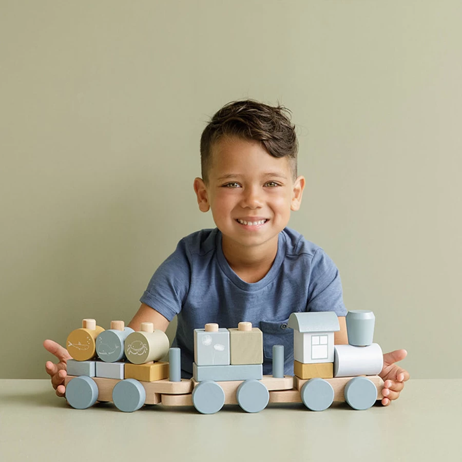 Little Dutch Ocean Blue Stacking Train Toy - FSC Certified Wooden Educational Play Set for Toddlers
